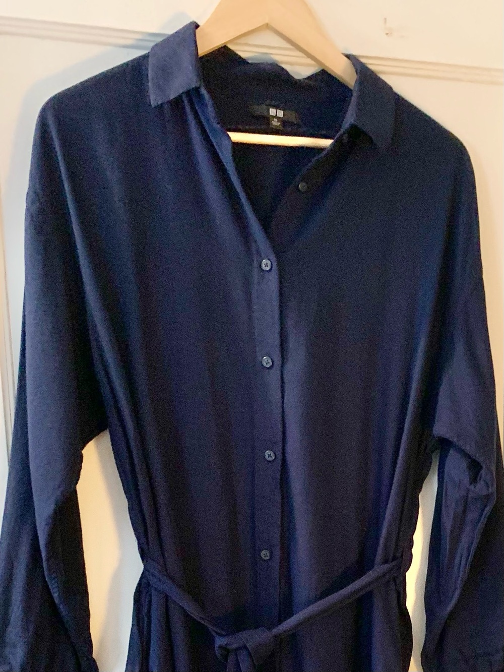 Uniqlo Shirt Dress in Navy Blue In Light, All-Season Flannel with Tie Belt